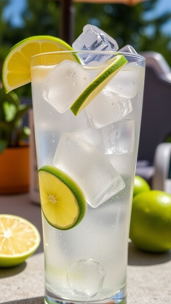 A Tequila and Tonic cocktail with lime in a highball glass on a sunny patio.